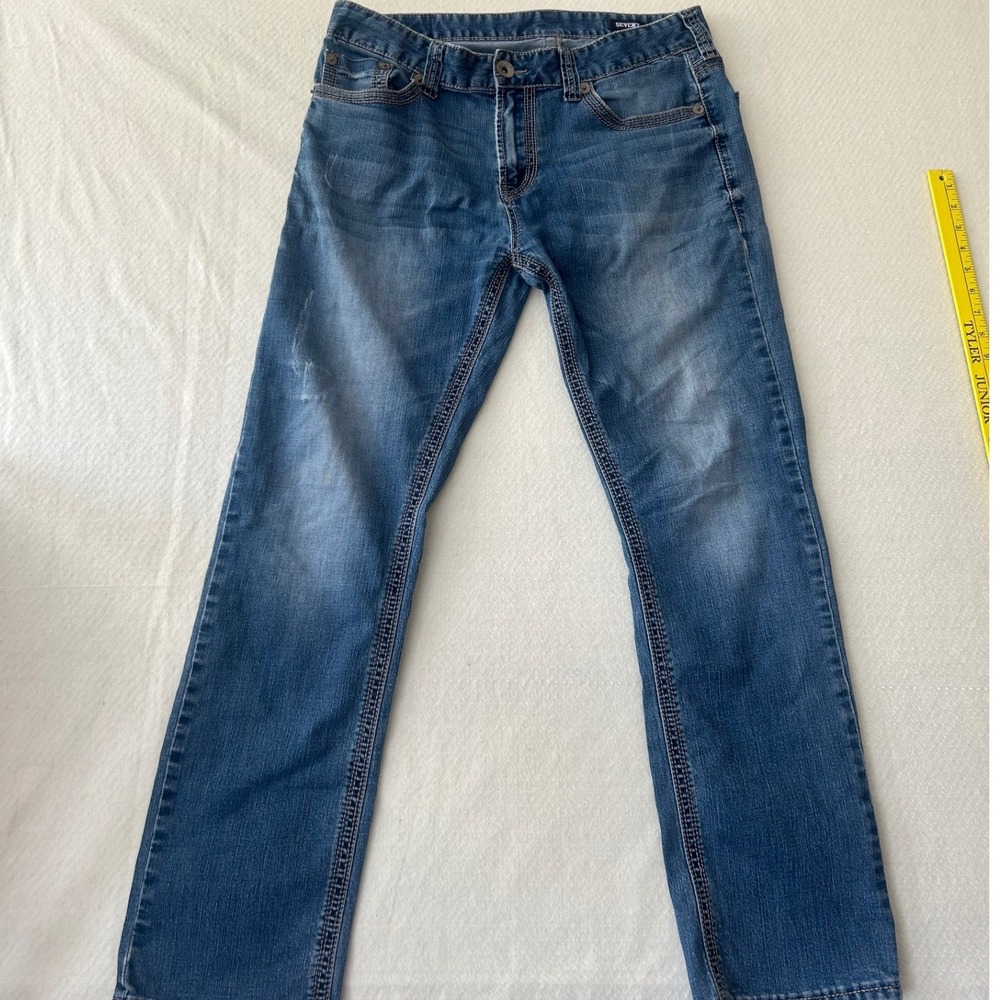 Seven7 Mens Straight Leg Jeans Medium Wash Blue Denim W34 L32 Stretch Comfort